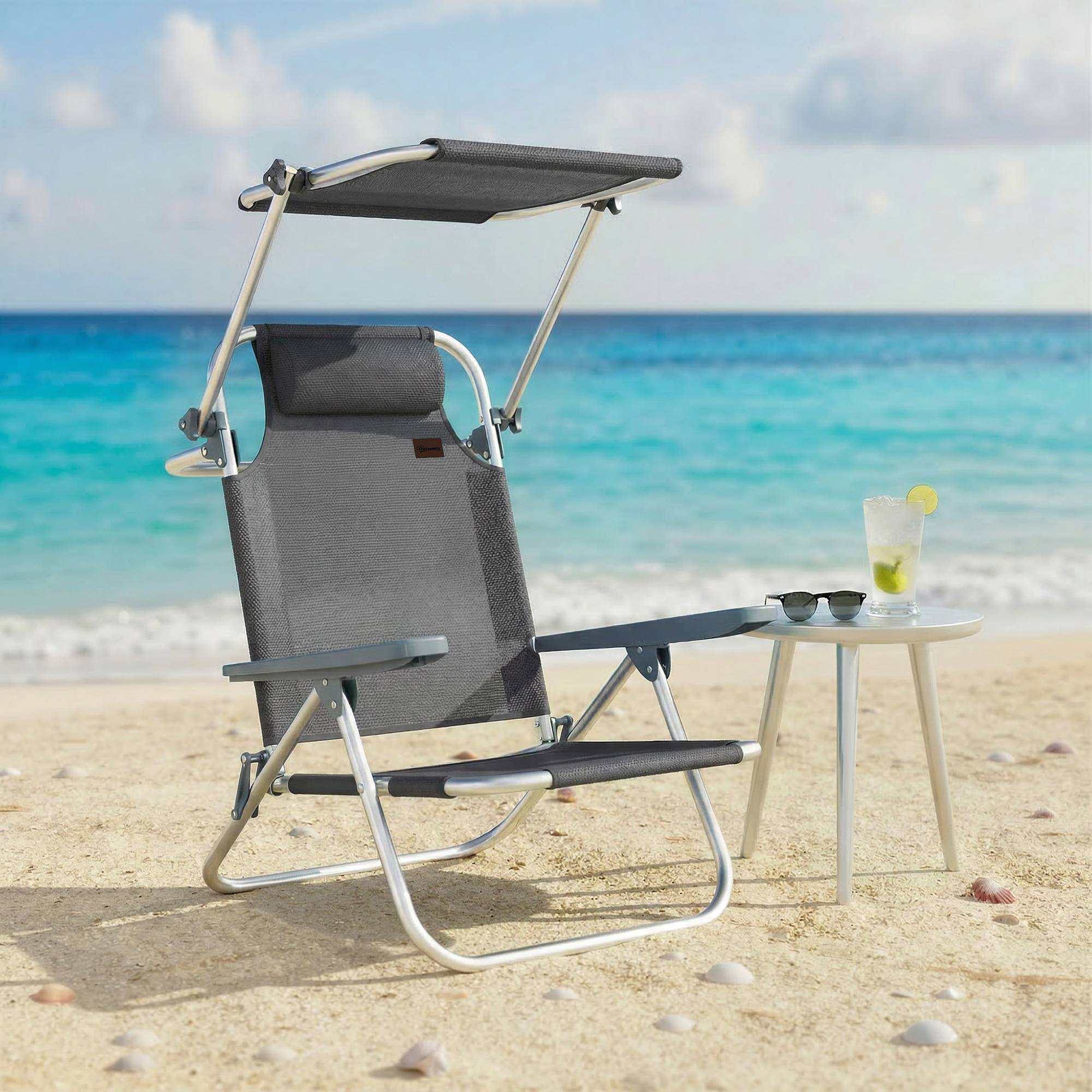 Transat pliant de jardin avec appui-tête, auvent réglable, dossier inclinable 6 positions, 62 x 68 x 79 cm, gris foncé - Image 3