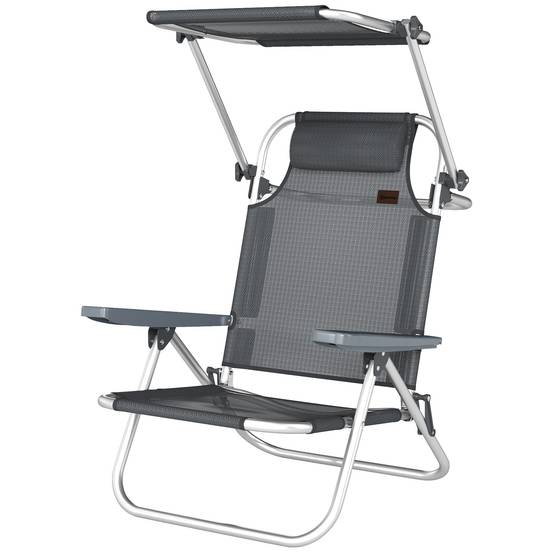 Transat pliant de jardin avec appui-tête, auvent réglable, dossier inclinable 6 positions, 62 x 68 x 79 cm, gris foncé - Image 2