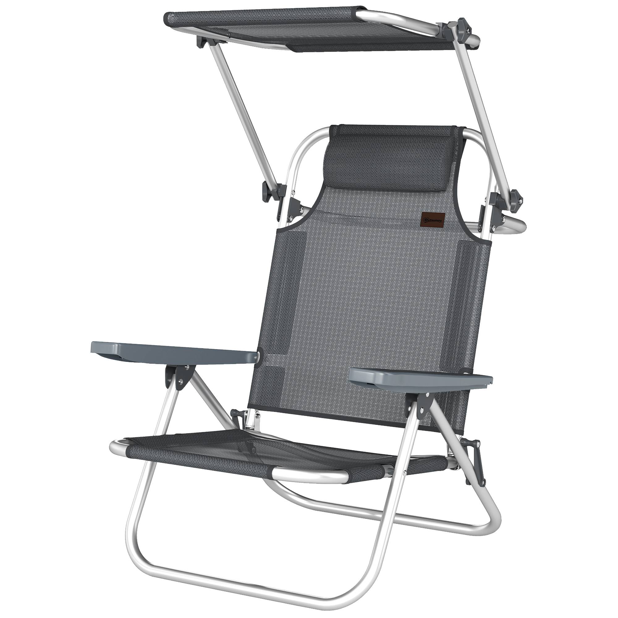 Transat pliant de jardin avec appui-tête, auvent réglable, dossier inclinable 6 positions, 62 x 68 x 79 cm, gris foncé - Image 2