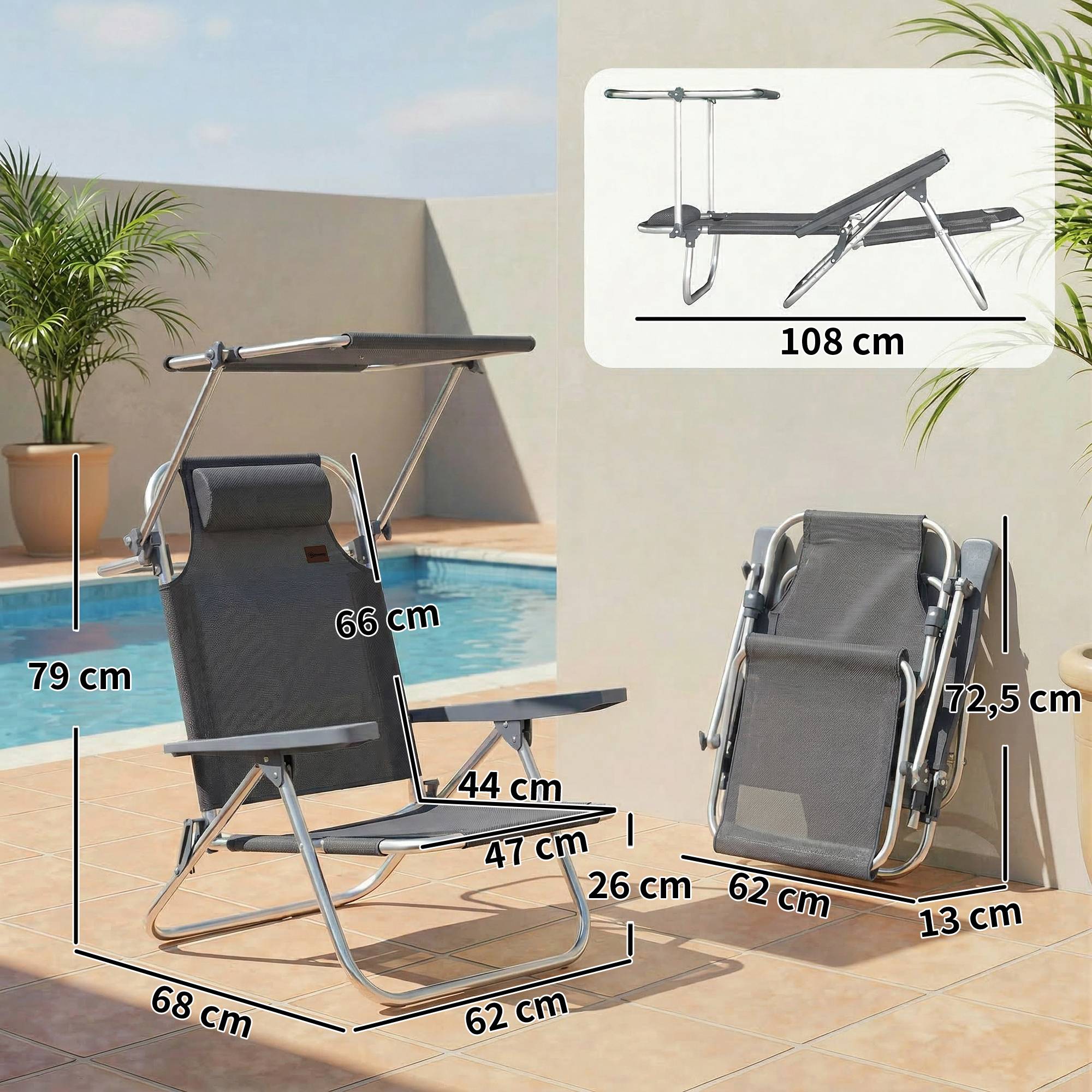 Transat pliant de jardin avec appui-tête, auvent réglable, dossier inclinable 6 positions, 62 x 68 x 79 cm, gris foncé - Image 5