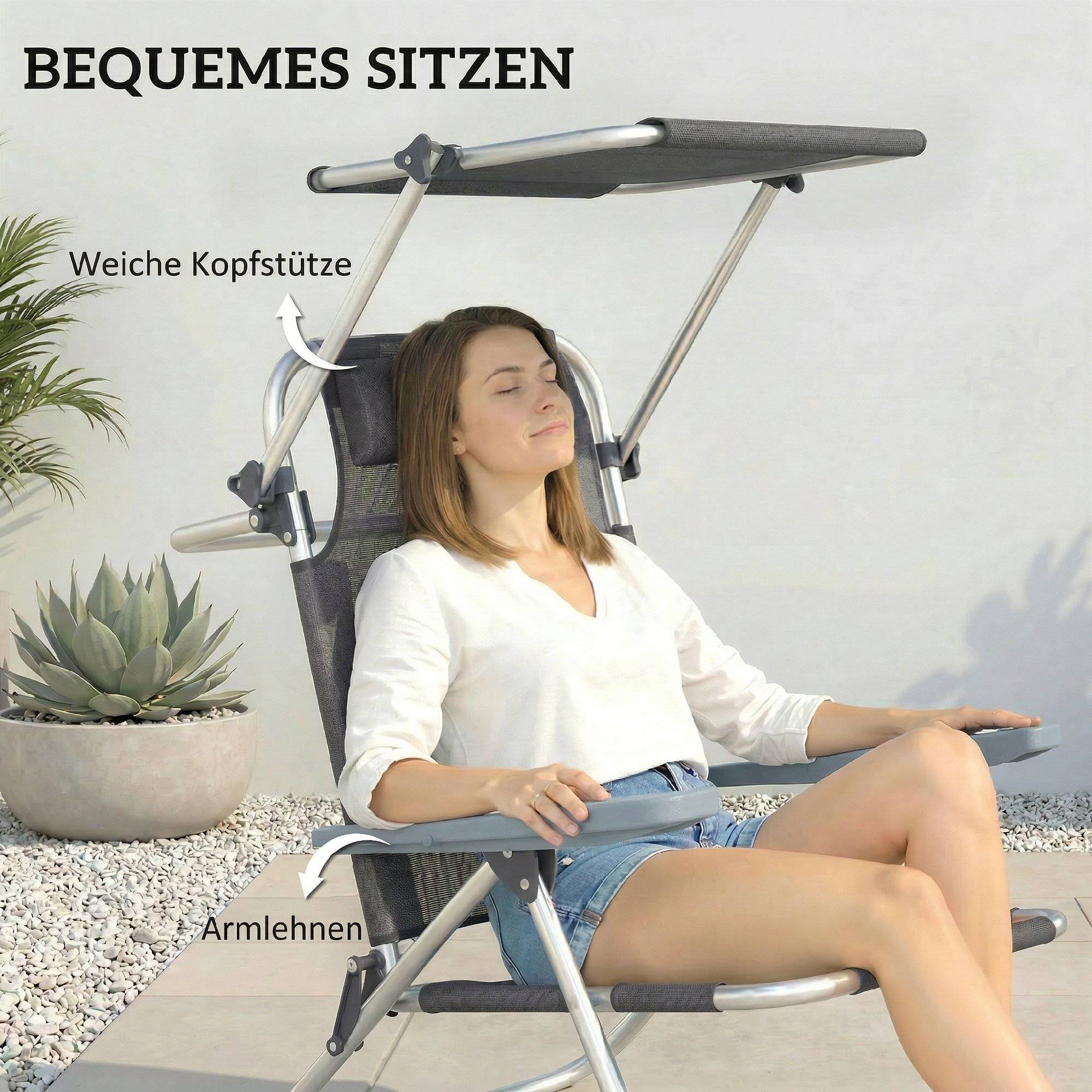 Transat pliant de jardin avec appui-tête, auvent réglable, dossier inclinable 6 positions, 62 x 68 x 79 cm, gris foncé - Image 8