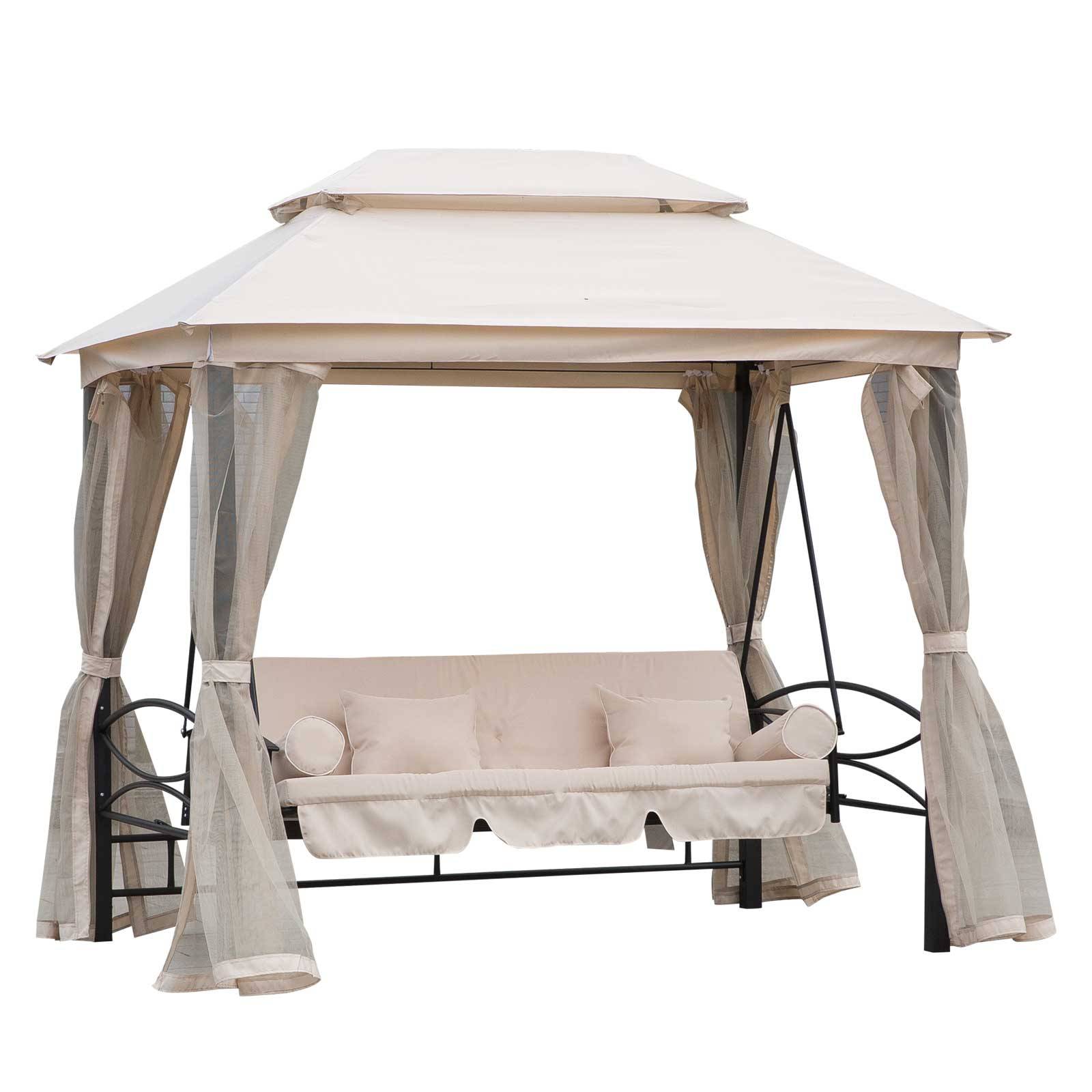 Outsunny - Balancelle de jardin 3 places convertible style colonial grand confort 2 coussins + matelas + moustiquaires inclus noir beige - Outsunny - Image 1