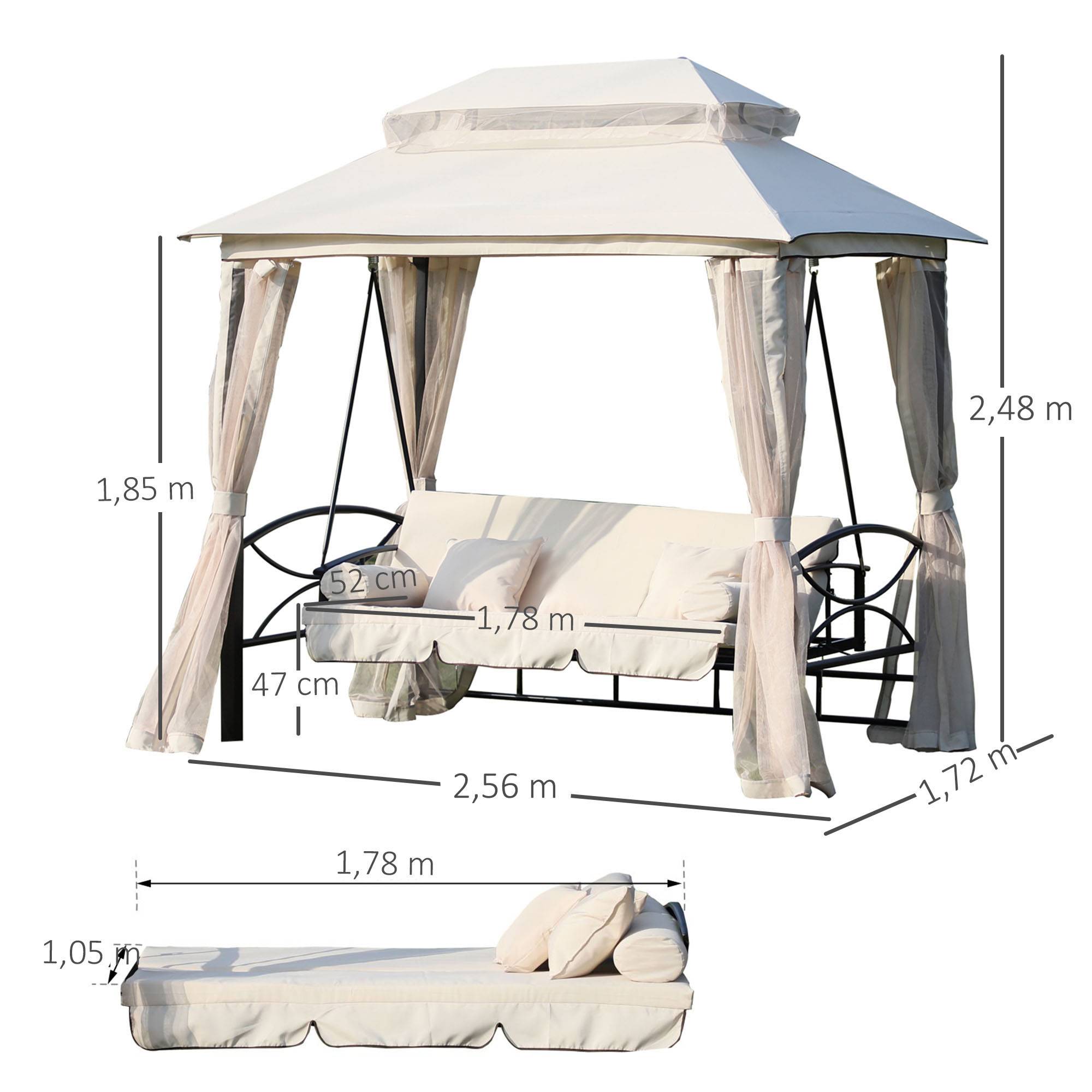 Outsunny - Balancelle de jardin 3 places convertible style colonial grand confort 2 coussins + matelas + moustiquaires inclus noir beige - Outsunny - Image 3