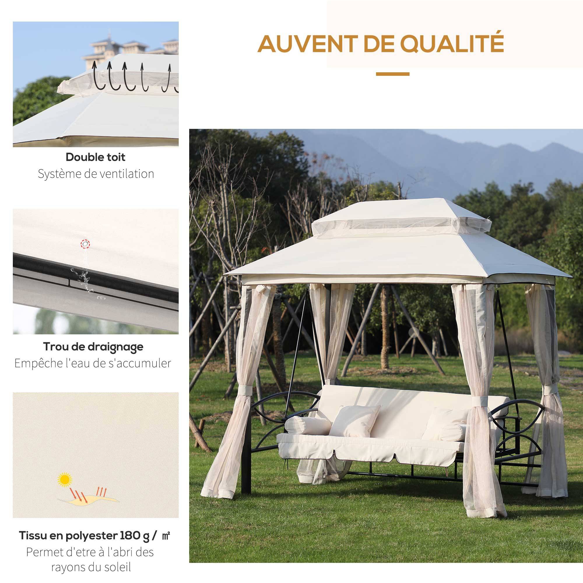 Outsunny - Balancelle de jardin 3 places convertible style colonial grand confort 2 coussins + matelas + moustiquaires inclus noir beige - Outsunny - Image 7