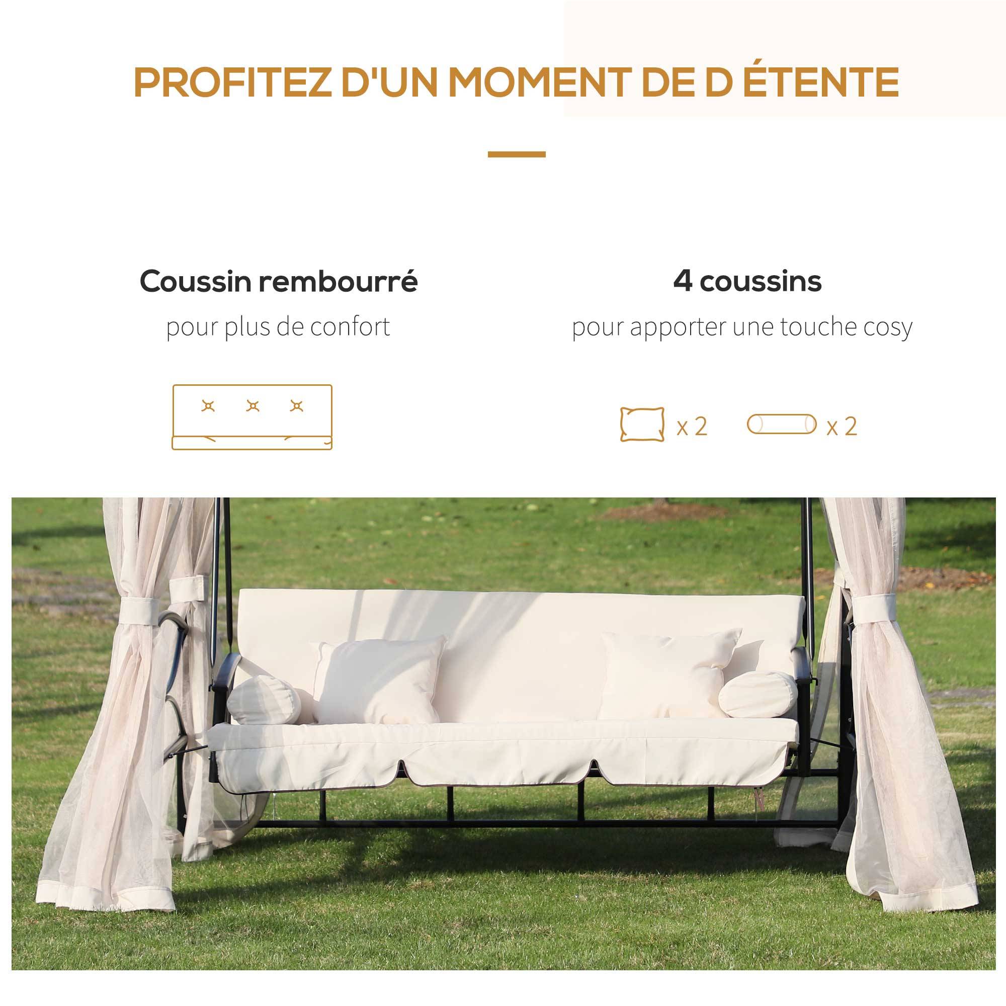 Outsunny - Balancelle de jardin 3 places convertible style colonial grand confort 2 coussins + matelas + moustiquaires inclus noir beige - Outsunny - Image 5