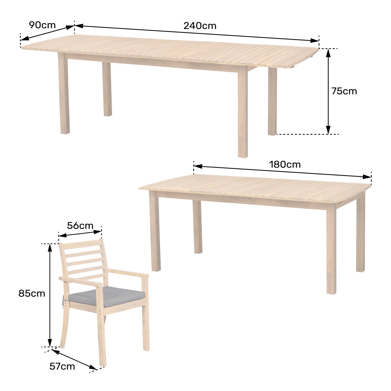 Salon de jardin extensible 180/240cm PADAR en acacia 8 places - coussins gris - HAPPY GARDEN - Image 8