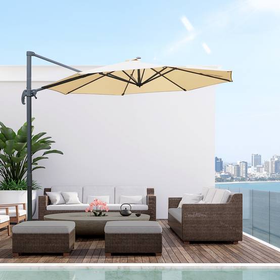 Outsunny - Parasol déporté octogonal inclinable rotatif 360° Ø3m x H2,5m pied croix 8 bélières manivelle structure acier/alu beige - Outsunny - Image 2