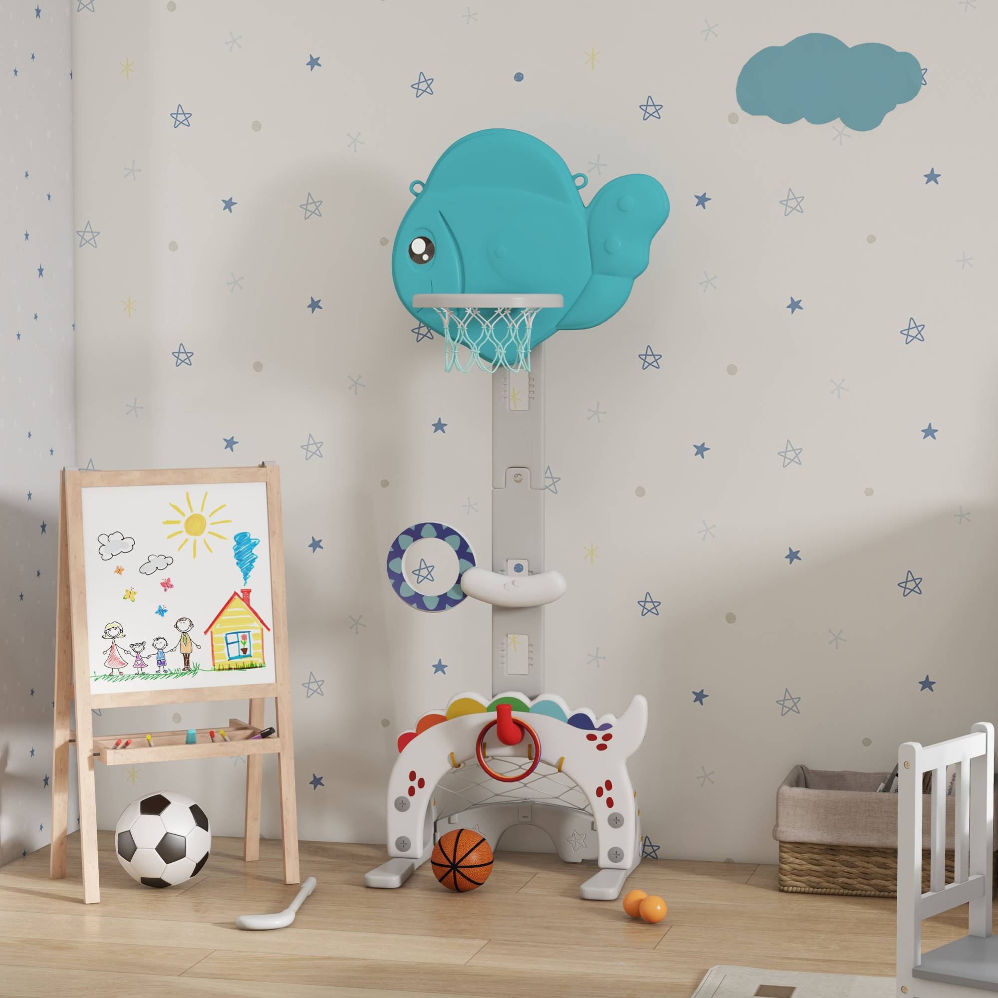 Sans Marque - Panier basket enfants 5en1 hauteur réglable 134-152 cm ballons pompe foot golf intérieur extérieur - Image 4