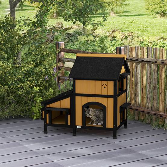Niche pour chat bois jaune blanc noir 96 x 65 x 85.5 cm - PANGIVO - Image 4