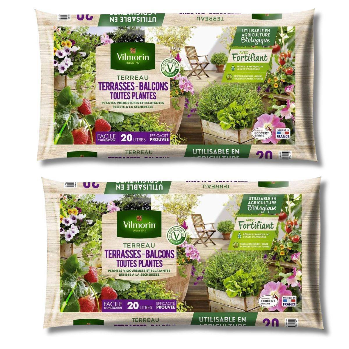 Terreau Terrasses et Balcons Vilmorin, Lot de 2 Sacs de 20L