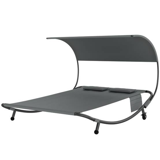 Bain de soleil double avec auvent amovible, roulettes, coussins et poches, gris - Image 2