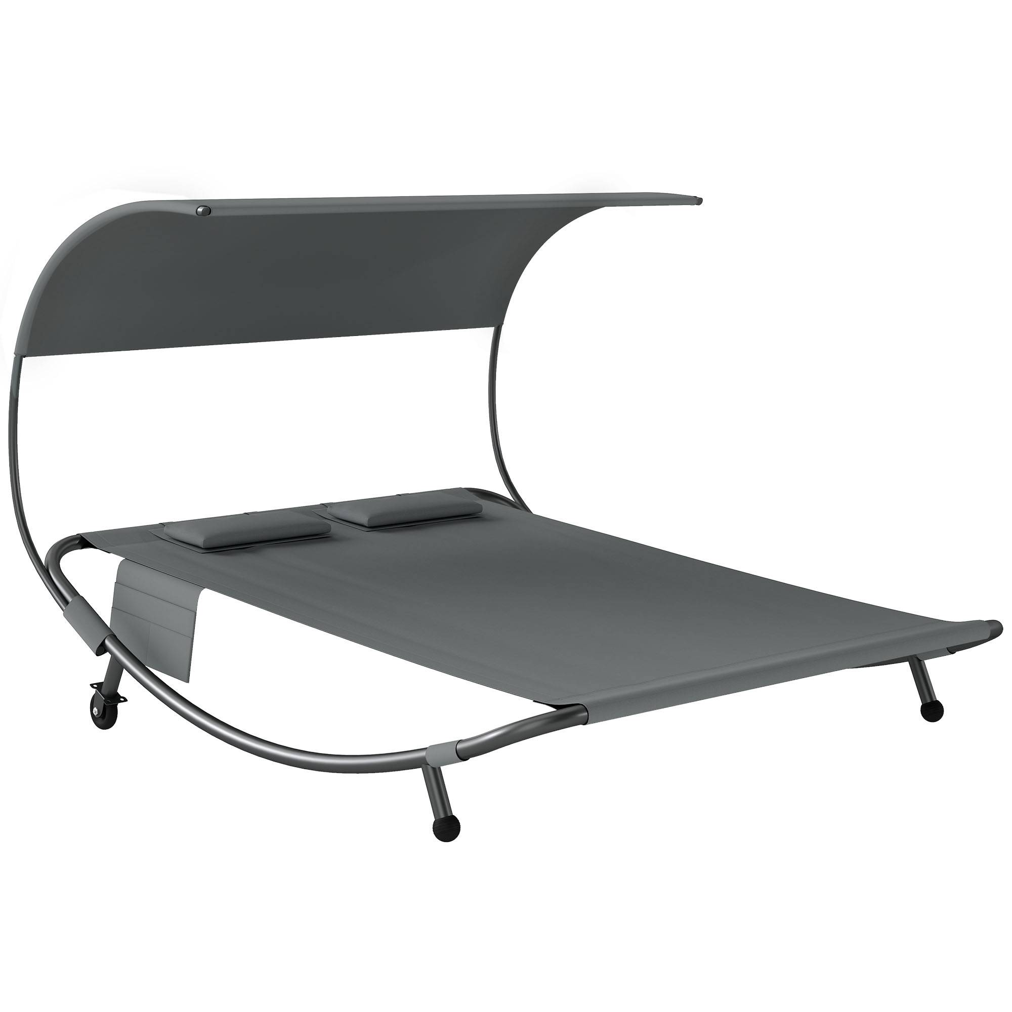 Bain de soleil double avec auvent amovible, roulettes, coussins et poches, gris - Image 1