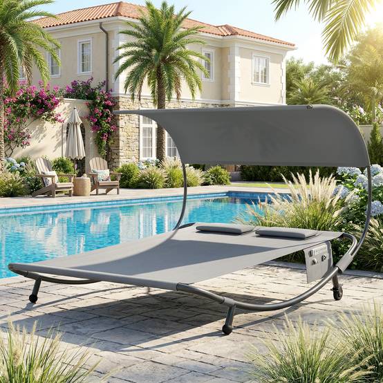 Bain de soleil double avec auvent amovible, roulettes, coussins et poches, gris - Image 3