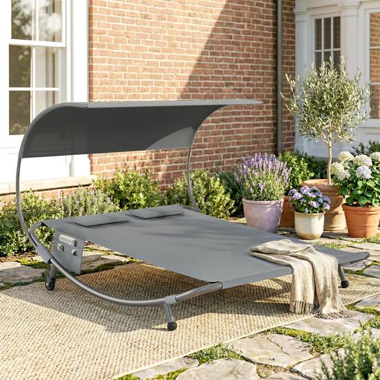 Bain de soleil double avec auvent amovible, roulettes, coussins et poches, gris - Image 4