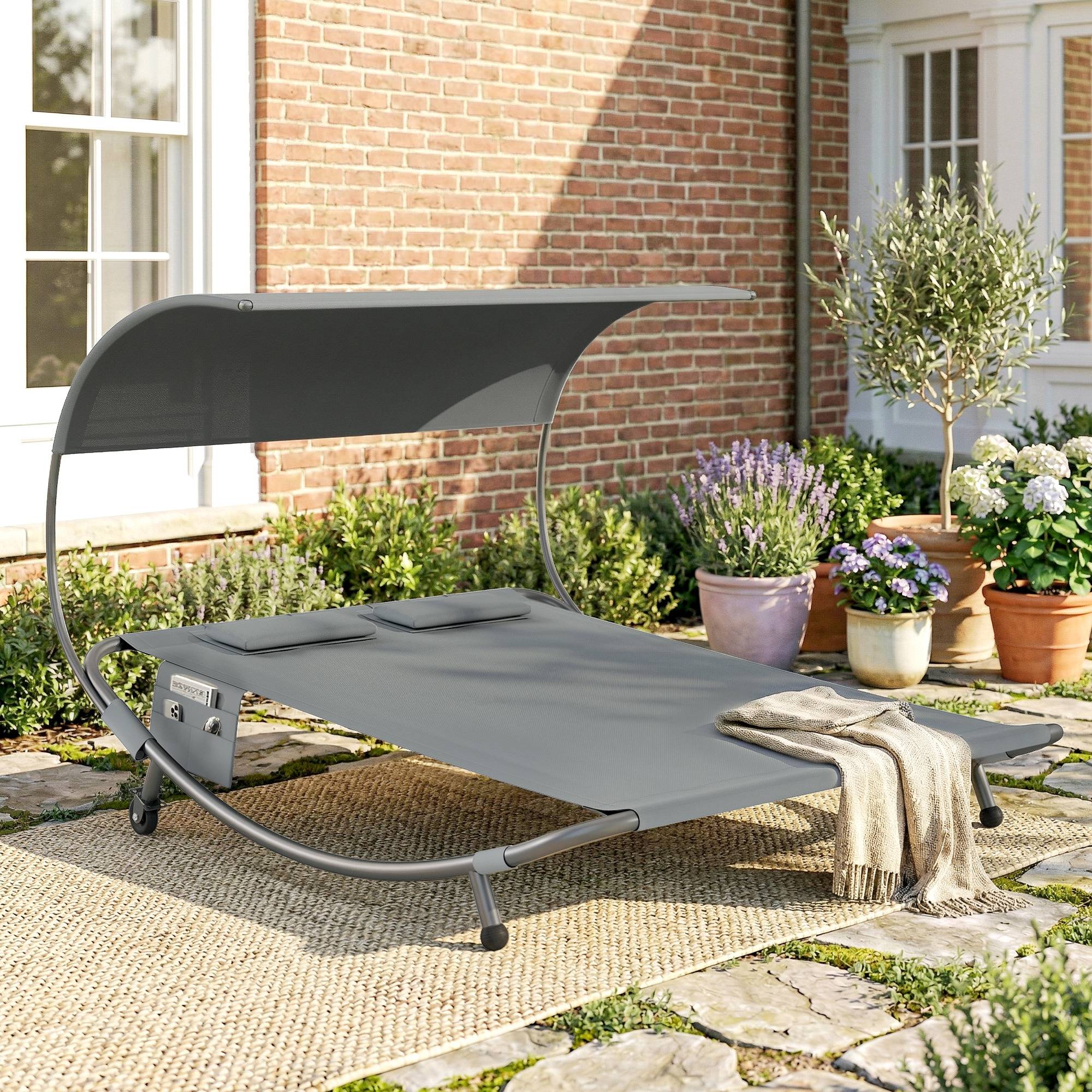 Bain de soleil double avec auvent amovible, roulettes, coussins et poches, gris - Image 4