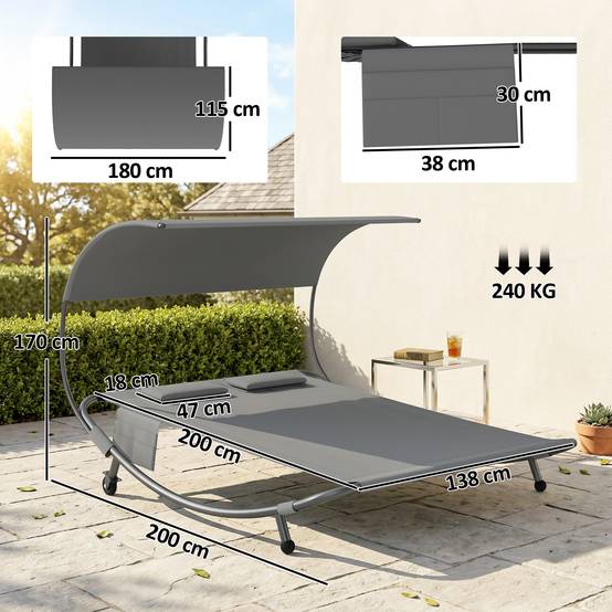 Bain de soleil double avec auvent amovible, roulettes, coussins et poches, gris - Image 5