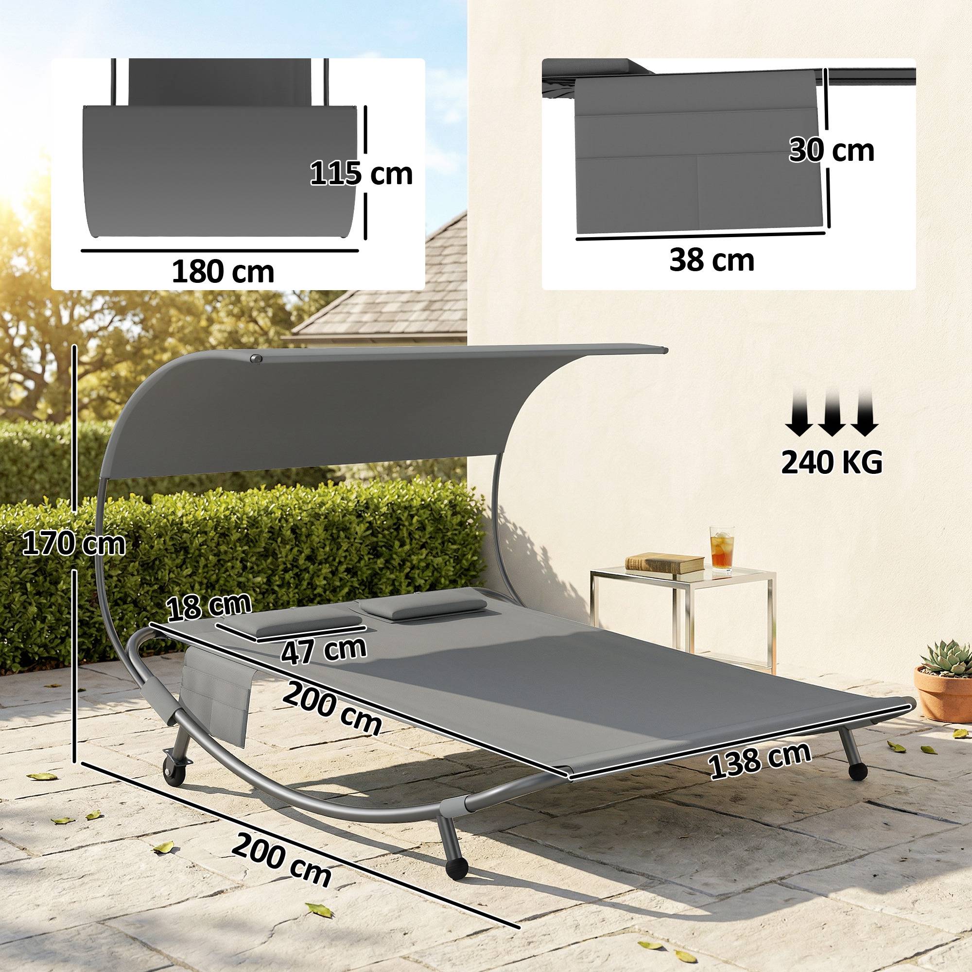Bain de soleil double avec auvent amovible, roulettes, coussins et poches, gris - Image 5