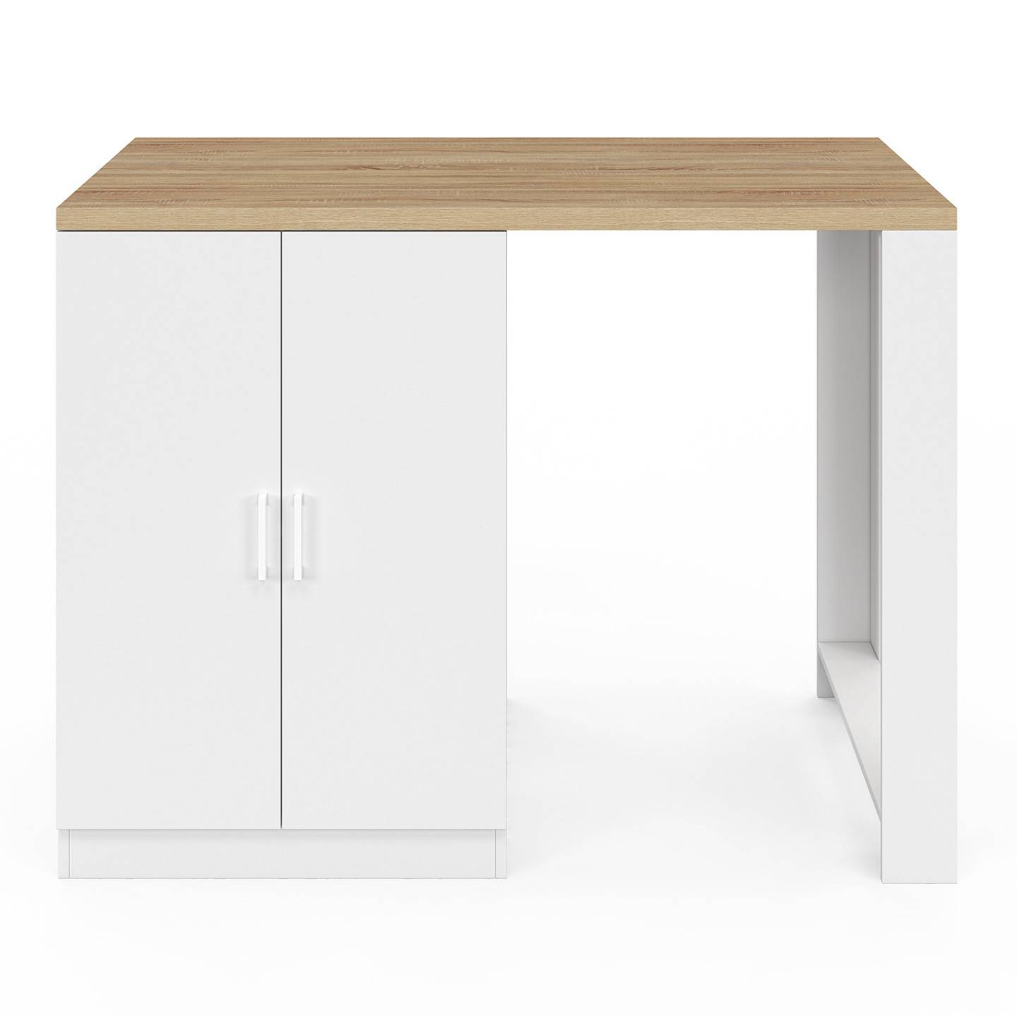 Ilot central LINO 120 cm 2 personnes bois blanc et plan de travail façon hêtre et portes vitrées - Image 4