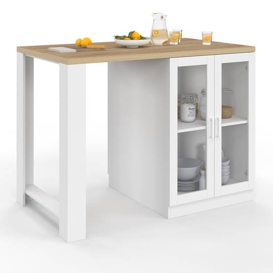 Ilot central LINO 120 cm 2 personnes bois blanc et plan de travail façon hêtre et portes vitrées - Image 2