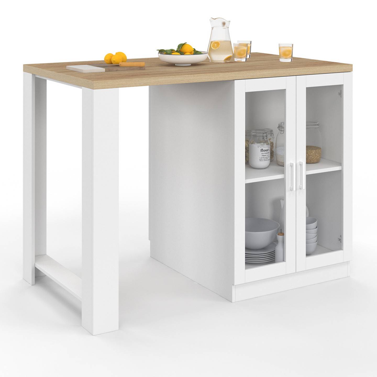 Ilot central LINO 120 cm 2 personnes bois blanc et plan de travail façon hêtre et portes vitrées - Image 2