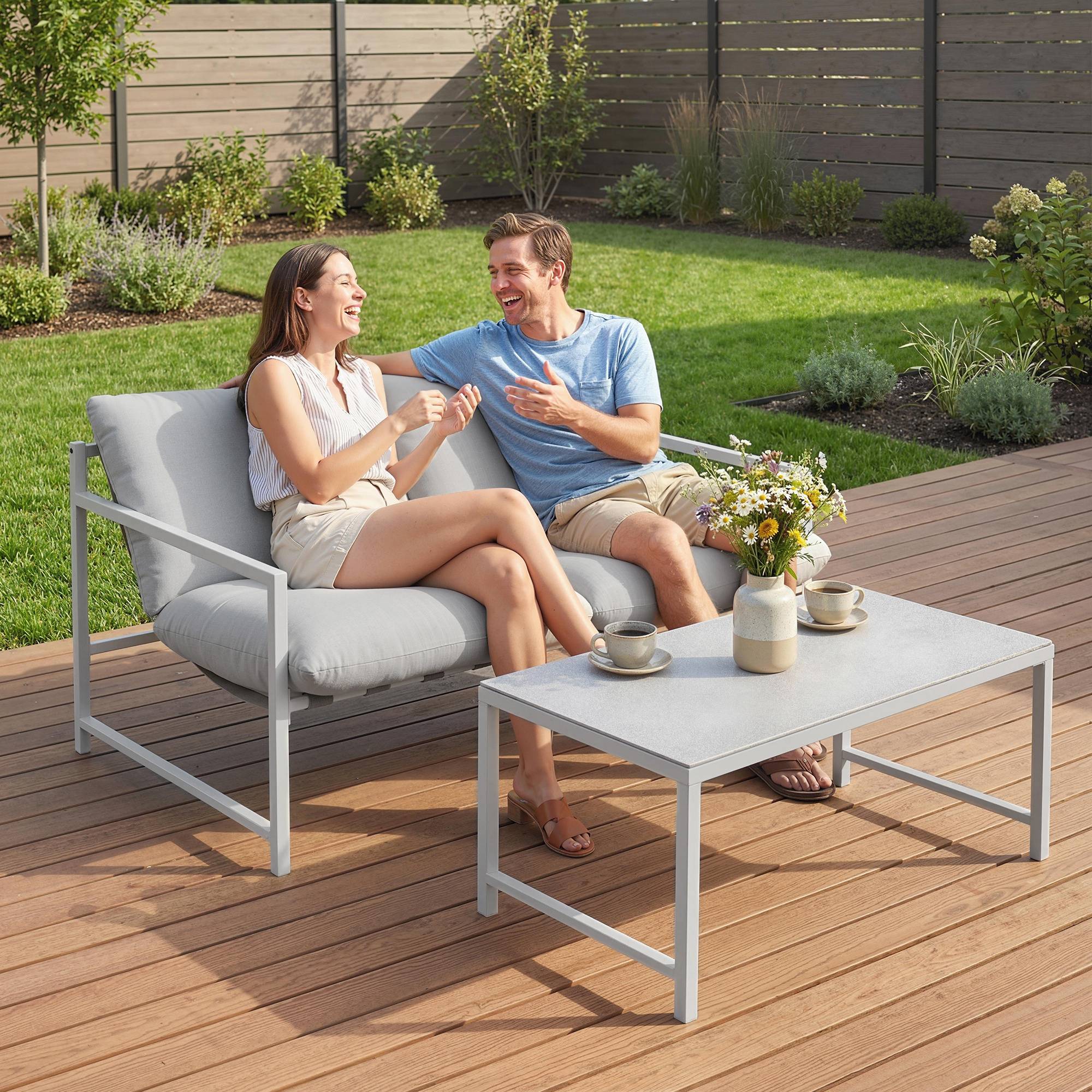 Salon de jardin extérieur 2 personnes, table de jardin extérieure avec 2 chaises, 4 coussins cadre en acier gris - Image 3