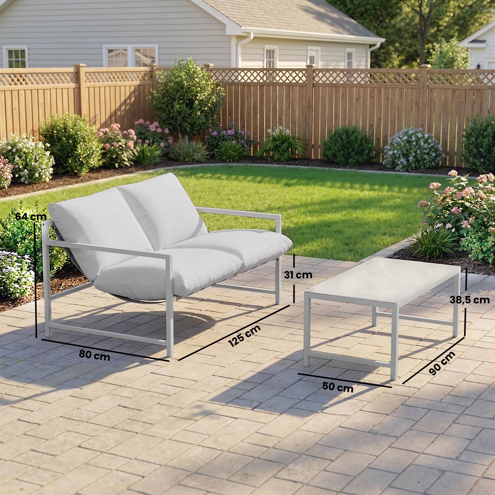 Salon de jardin extérieur 2 personnes, table de jardin extérieure avec 2 chaises, 4 coussins cadre en acier gris - Image 5