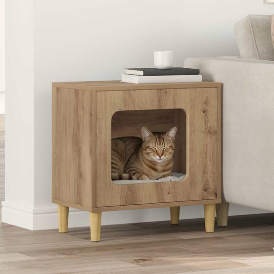 Maison pour chat bois d'ingénierie chêne artisan 51 x 30 x 52 cm, Poids:8.98kg - PANGIVO - Image 1