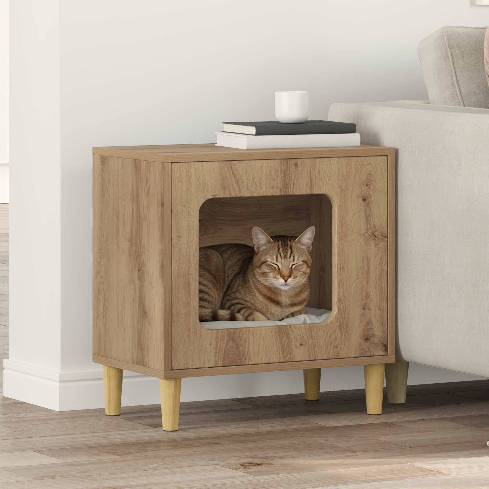 Maison pour chat bois d'ingénierie chêne artisan 51 x 30 x 52 cm, Poids:8.98kg - PANGIVO - Image 1