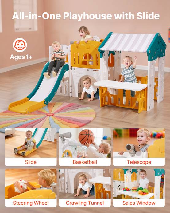 Vevor - VEVOR Maisonnette pour enfants 1+ - maison de jeu extérieure avec toboggan, panier de basket, télescope, volant, table d'activités, structure PEHD. - Image 2