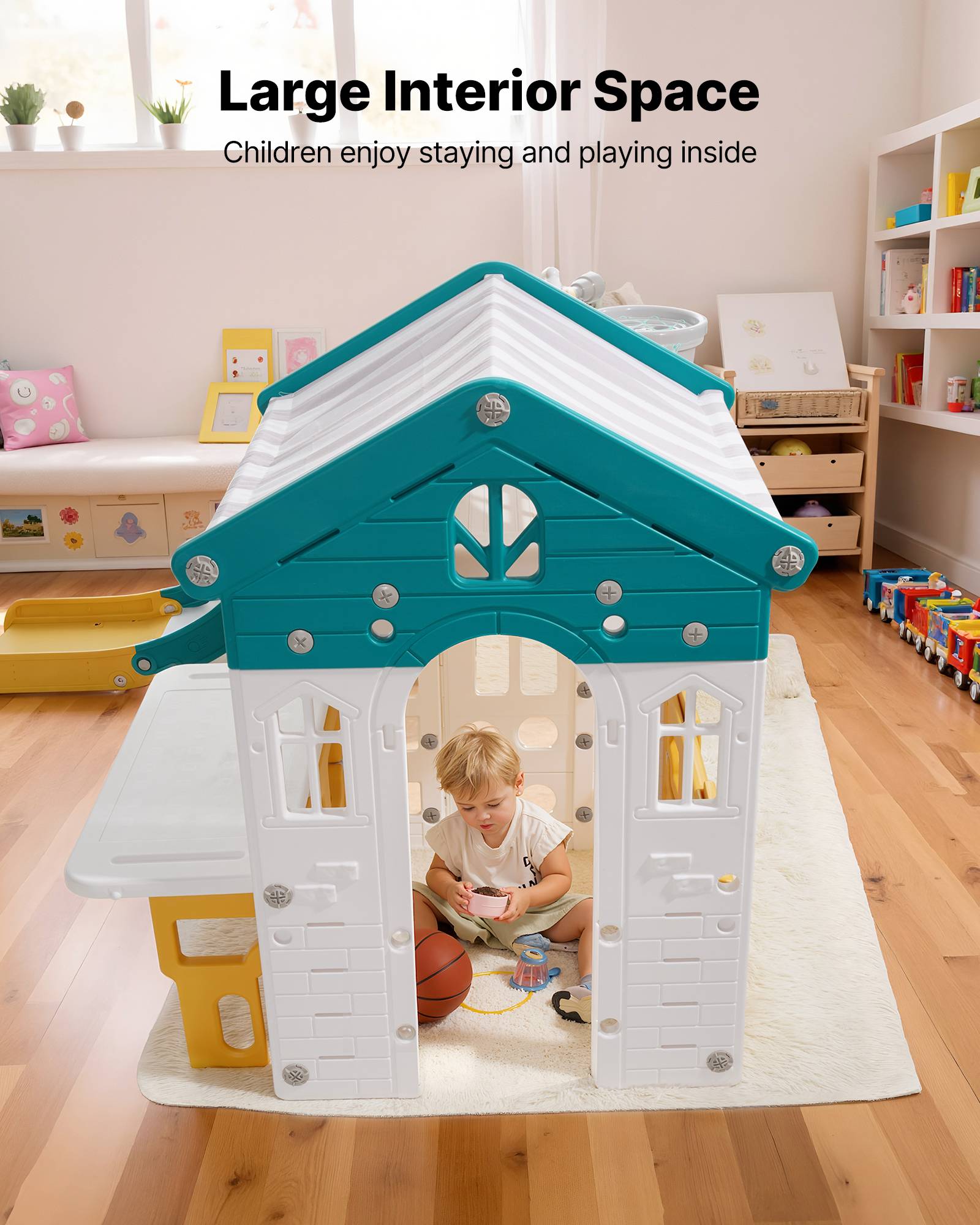 Vevor - VEVOR Maisonnette pour enfants 1+ - maison de jeu extérieure avec toboggan, panier de basket, télescope, volant, table d'activités, structure PEHD. - Image 6