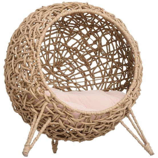 Sans Marque - Maison Rotin avec coussin couchage chat cachette pieds surélevés Naturel Ø52x58cm - Image 1