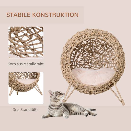 Sans Marque - Maison Rotin avec coussin couchage chat cachette pieds surélevés Naturel Ø52x58cm - Image 7