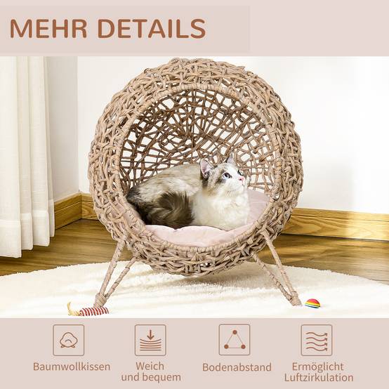 Sans Marque - Maison Rotin avec coussin couchage chat cachette pieds surélevés Naturel Ø52x58cm - Image 8