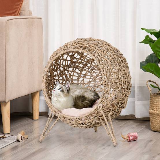 Sans Marque - Maison Rotin avec coussin couchage chat cachette pieds surélevés Naturel Ø52x58cm - Image 4