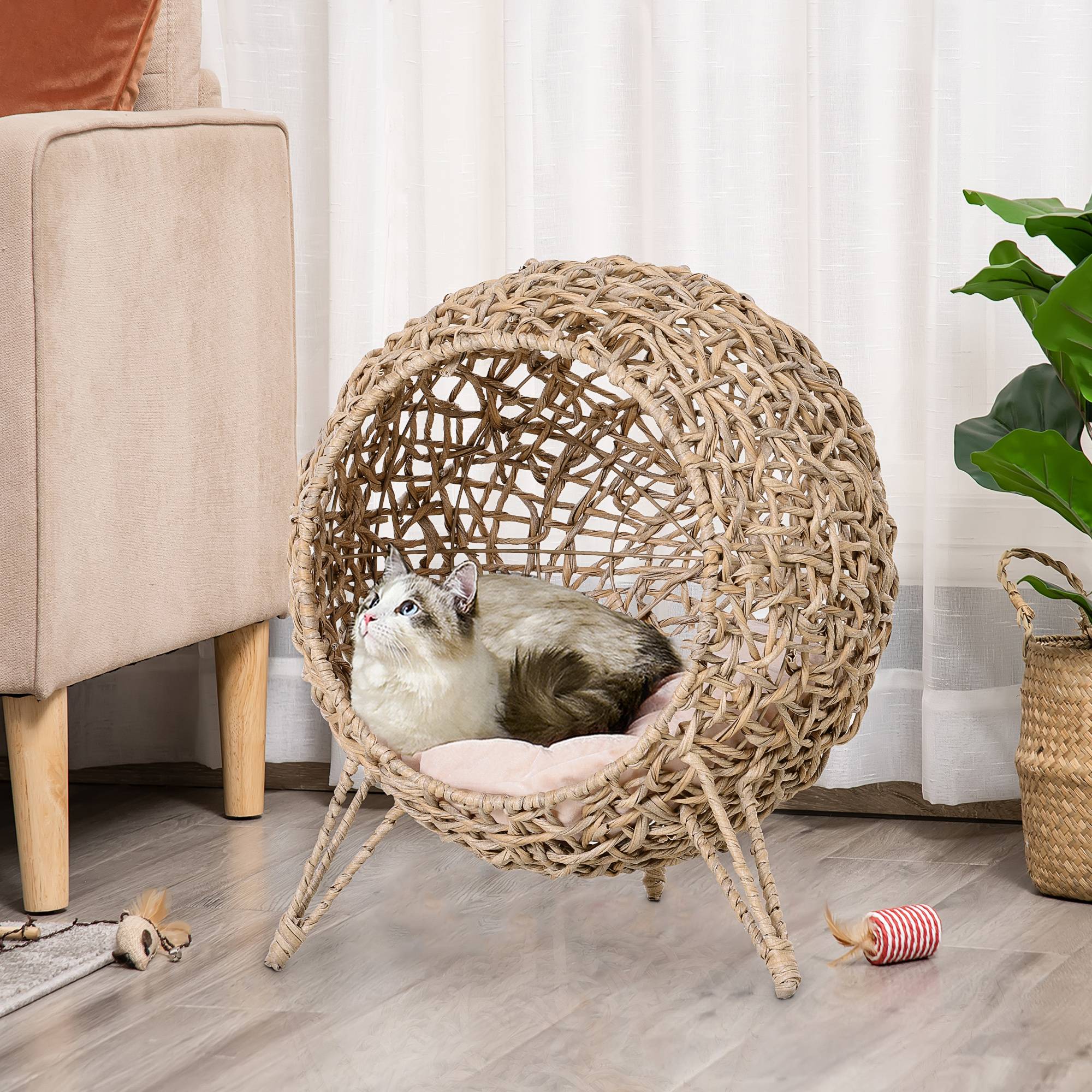 Sans Marque - Maison Rotin avec coussin couchage chat cachette pieds surélevés Naturel Ø52x58cm - Image 4