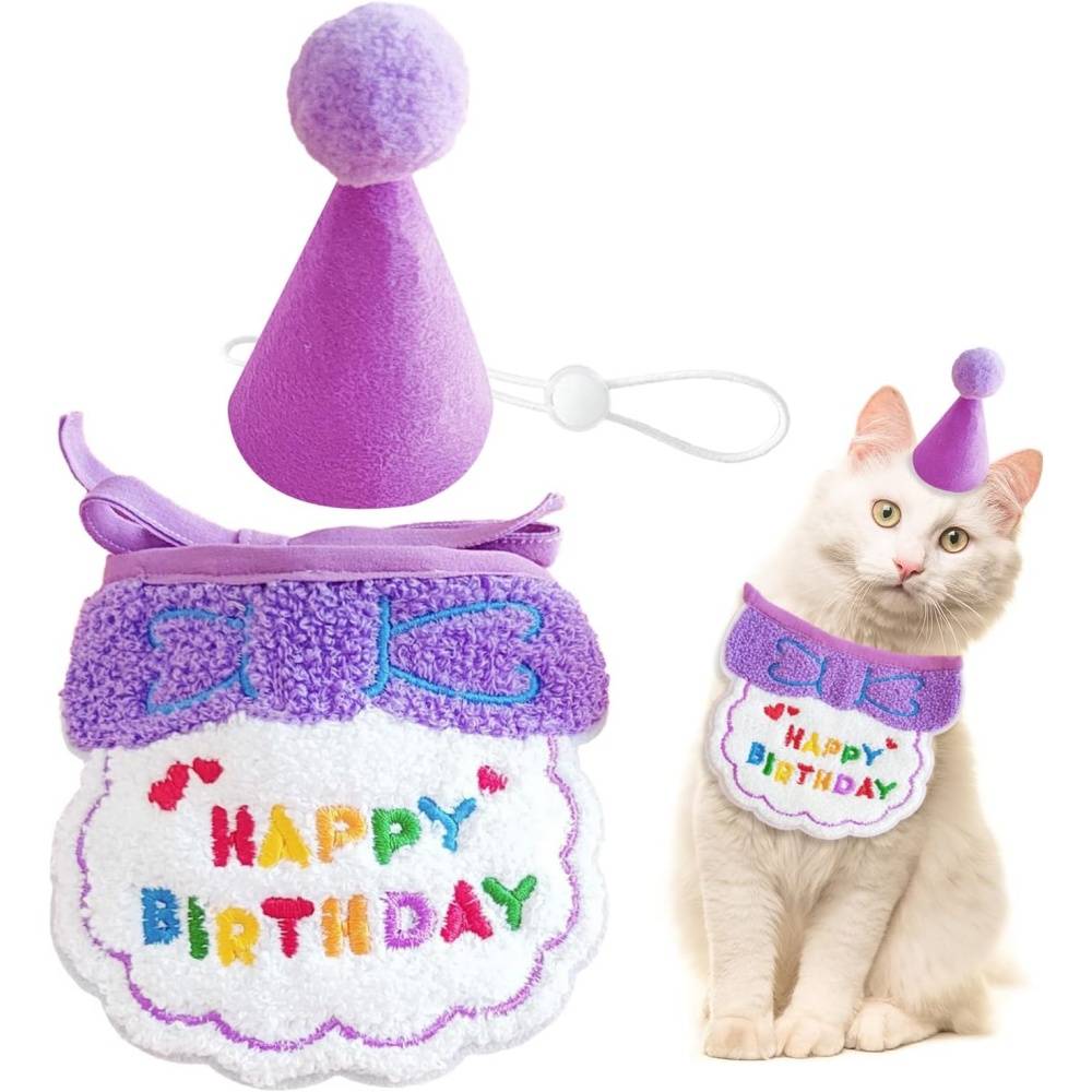 Set fête anniversaire chien/chat - Bandana + chapeau réglables - Motif "Joyeux Anniversaire" - Violet - Living123 - Image 1