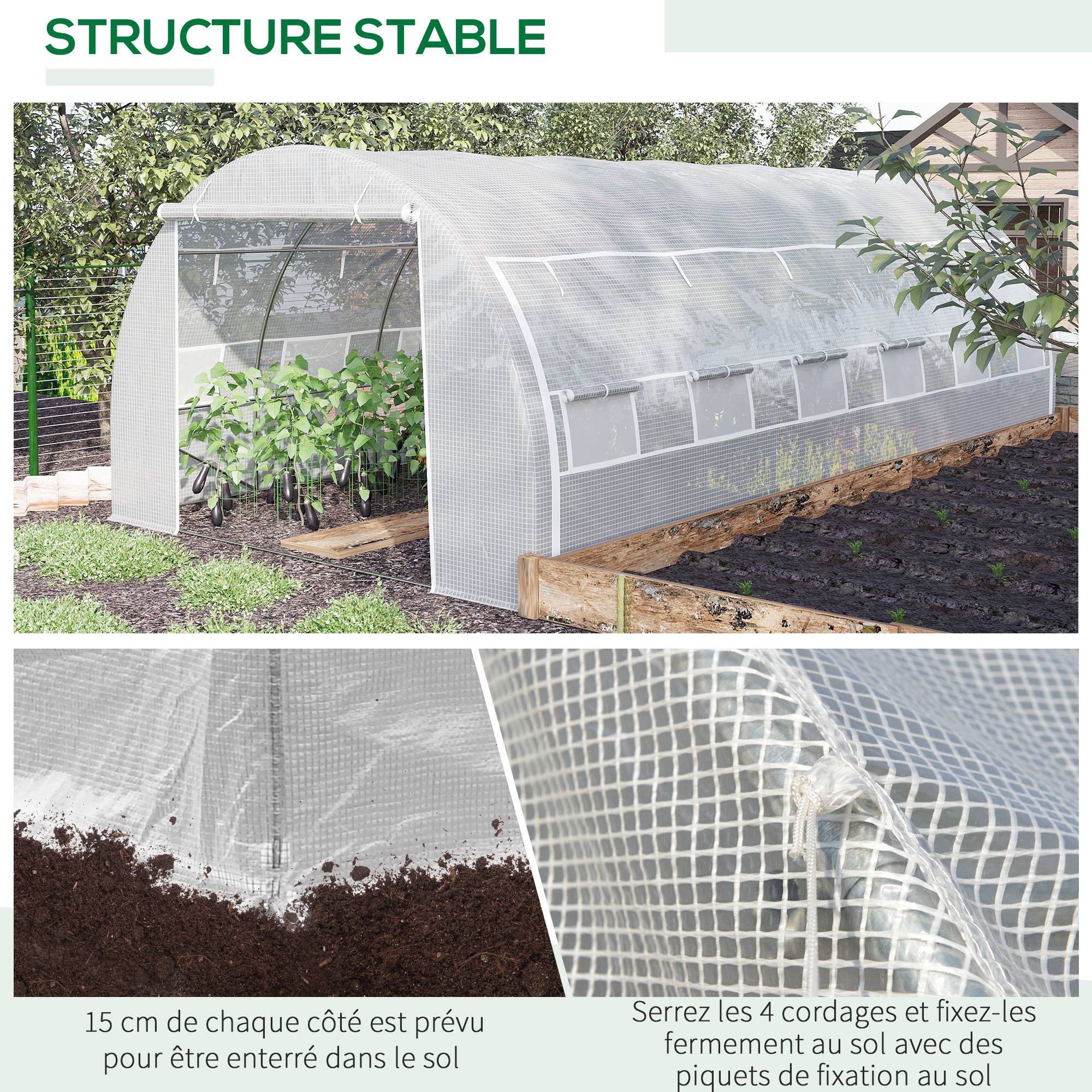Serre de jardin 18 m² 6L x 3l x 2H m avec porte + parois latérales zippées enroulables, 12 fenêtres, acier PE - Image 9