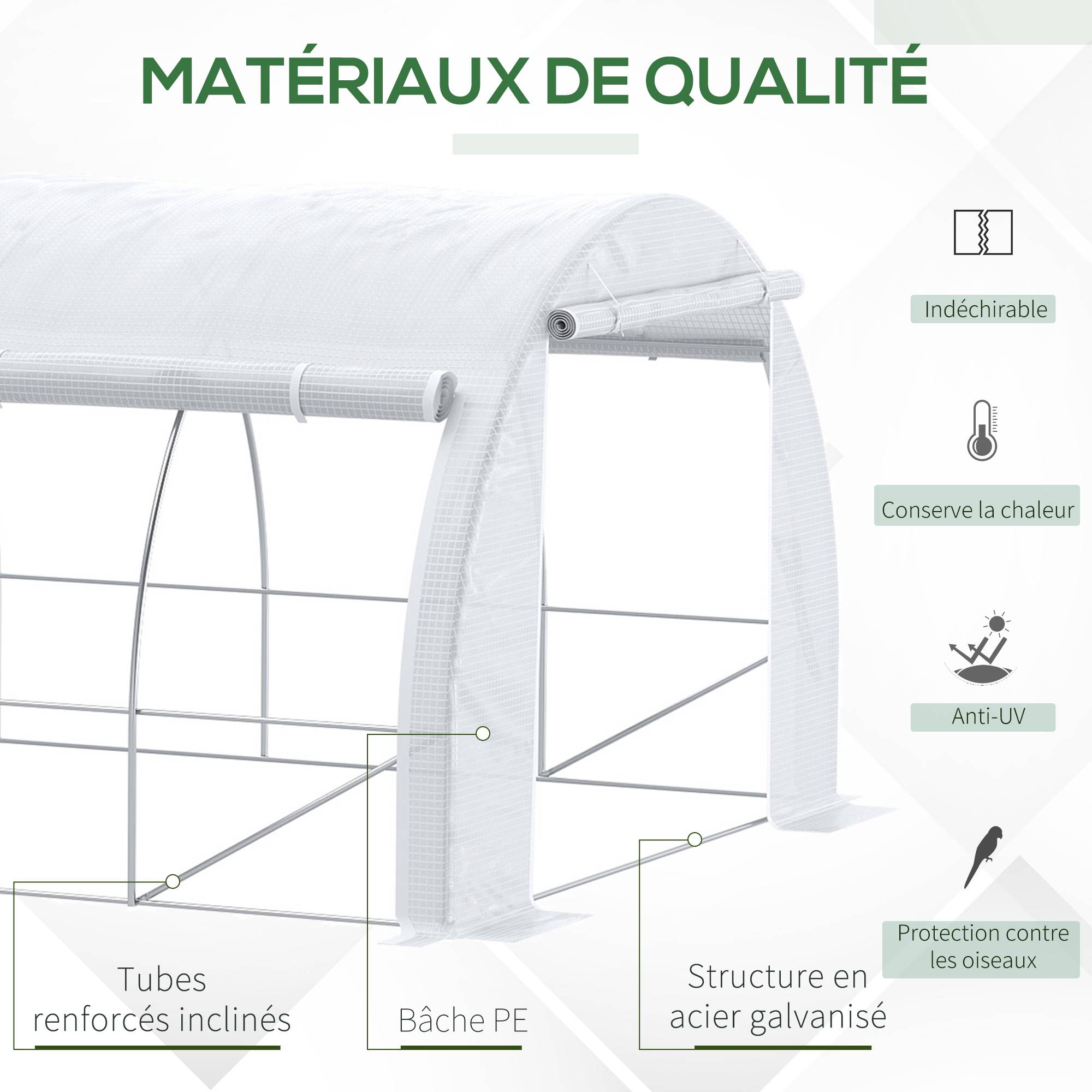Serre de jardin 18 m² 6L x 3l x 2H m avec porte + parois latérales zippées enroulables, 12 fenêtres, acier PE - Image 6
