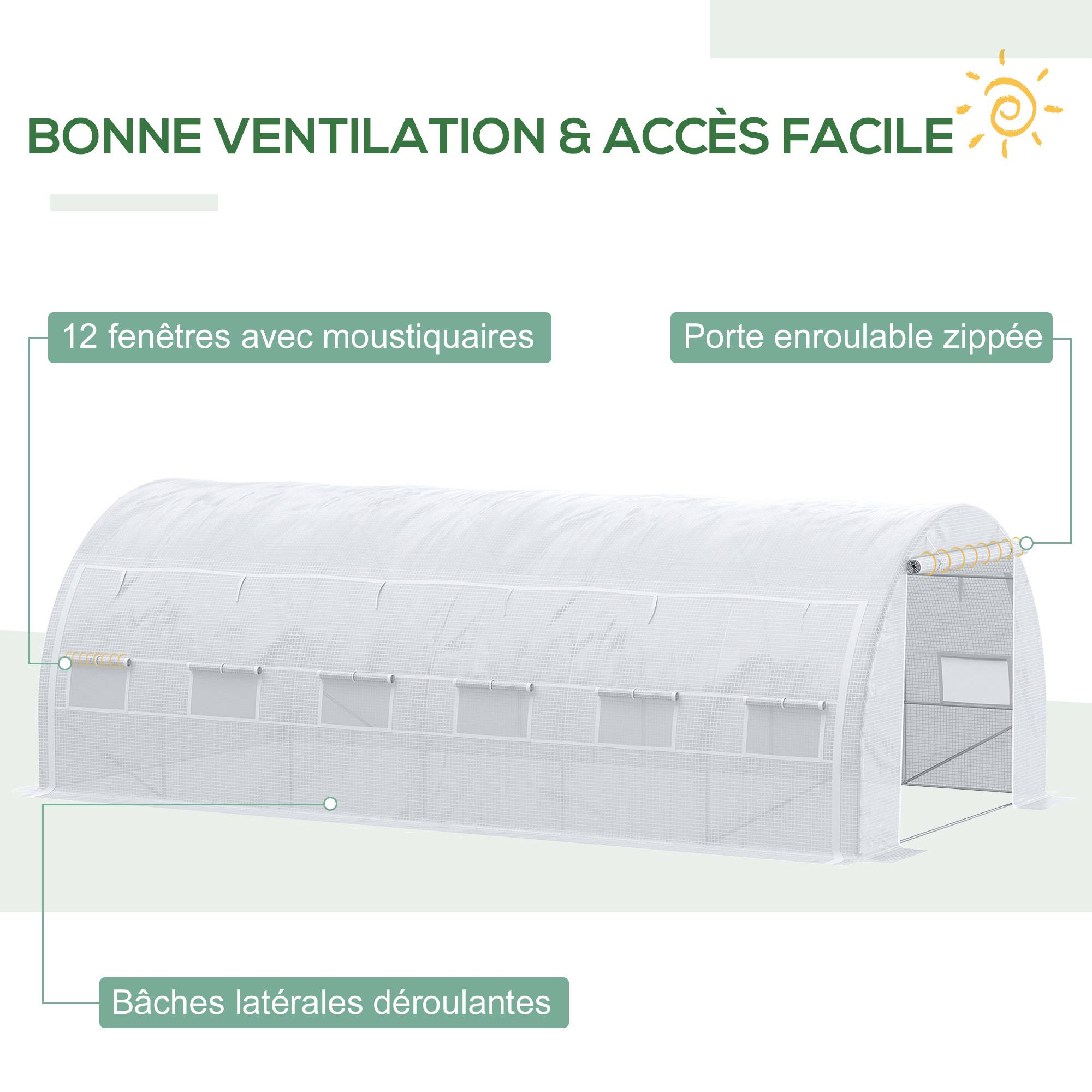 Serre de jardin 18 m² 6L x 3l x 2H m avec porte + parois latérales zippées enroulables, 12 fenêtres, acier PE - Image 7
