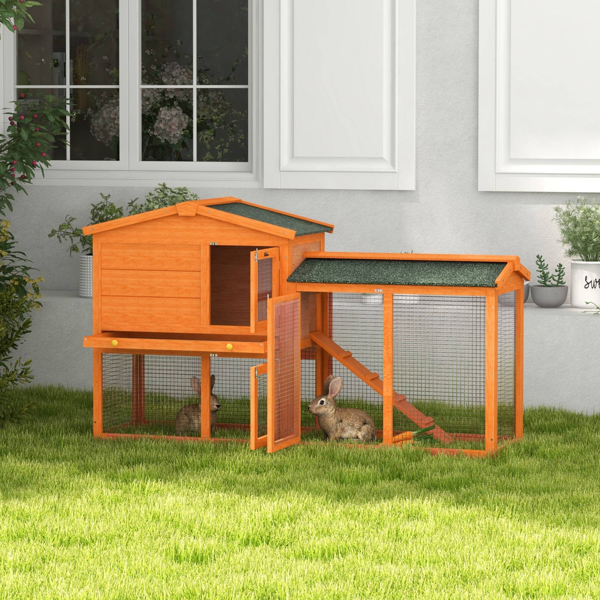 ComfortXL - Clapier lapin extérieur bois d’épicéa orange 150 x 45 x 85 cm 2 niveaux toit étanche - ComfortXL Outdoor Living - Image 4