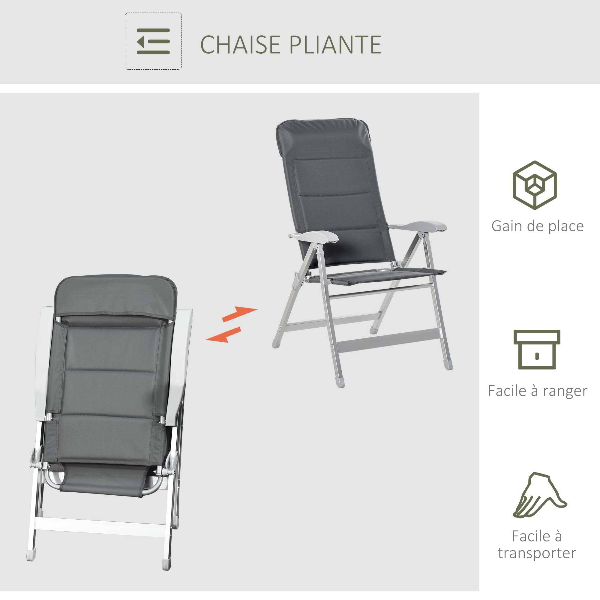Chaise de jardin pliante aluminium et tissu gris 75 x 61.5 x 115 cm - PANGIVO - Image 8