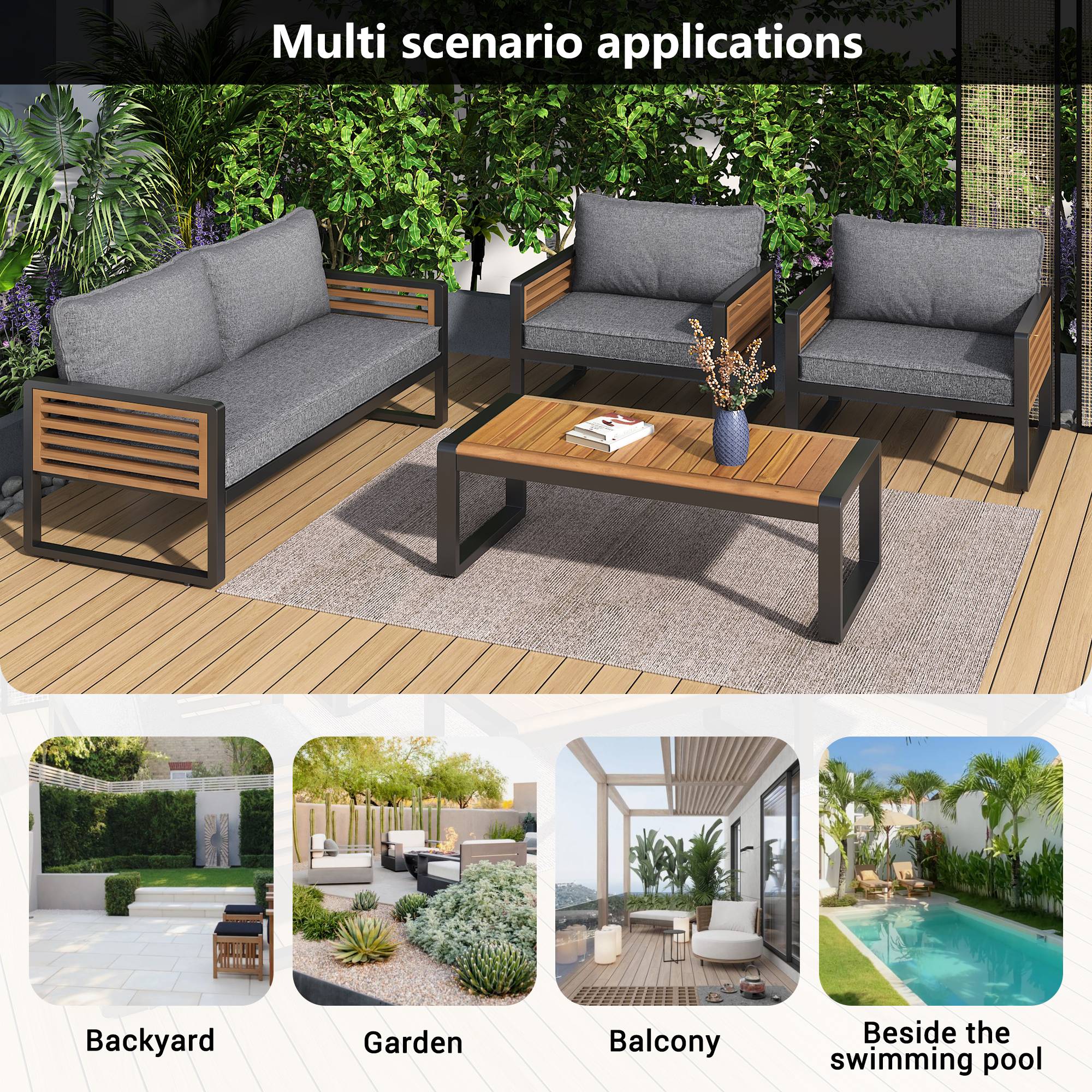 Fimous 4 Pièces Ensemble De Meubles De Jardin En Rotin Ave Grand Tabouret Canapé Et Table De Jardin Gris Fonce 81850879