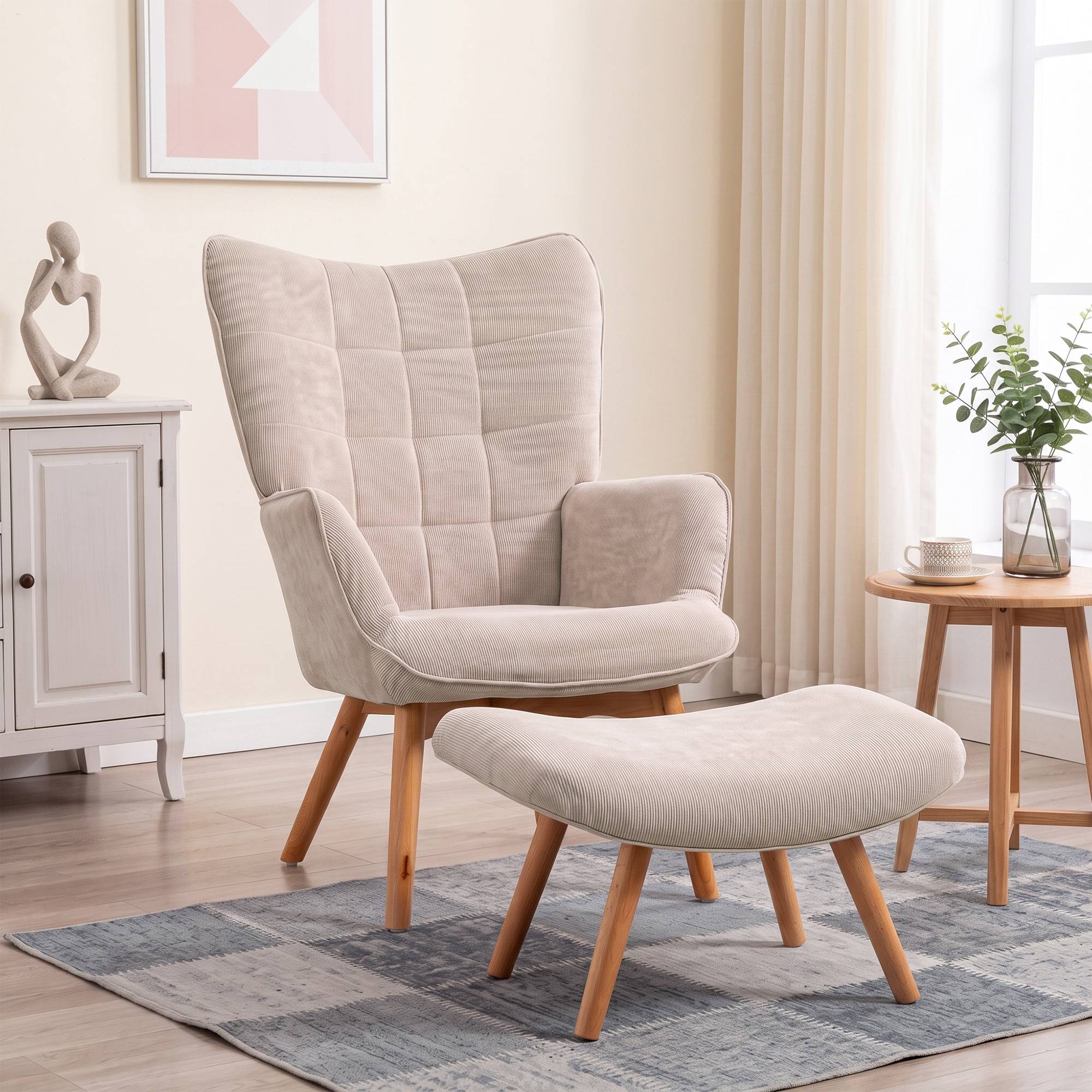 Sans Marque - Fauteuil avec repose pied, dossier haut, pieds en bois et tissu aspect velours côtelé, pour salon chambre à coucher beige - Image 3
