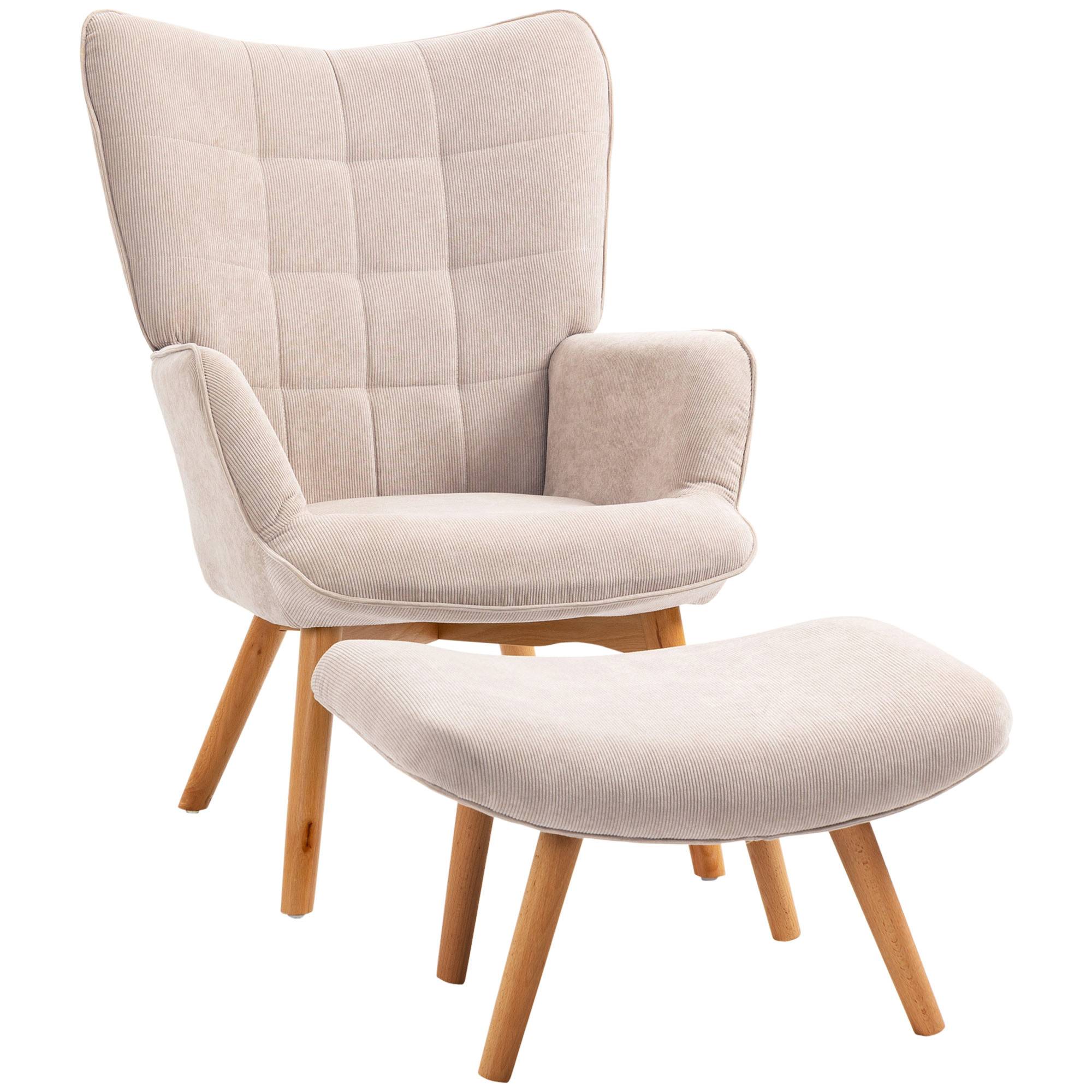 Sans Marque - Fauteuil avec repose pied, dossier haut, pieds en bois et tissu aspect velours côtelé, pour salon chambre à coucher beige - Image 1