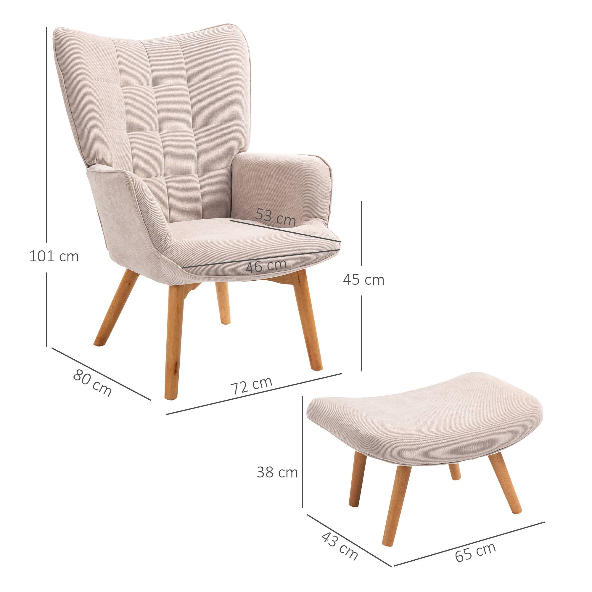 Sans Marque - Fauteuil avec repose pied, dossier haut, pieds en bois et tissu aspect velours côtelé, pour salon chambre à coucher beige - Image 5