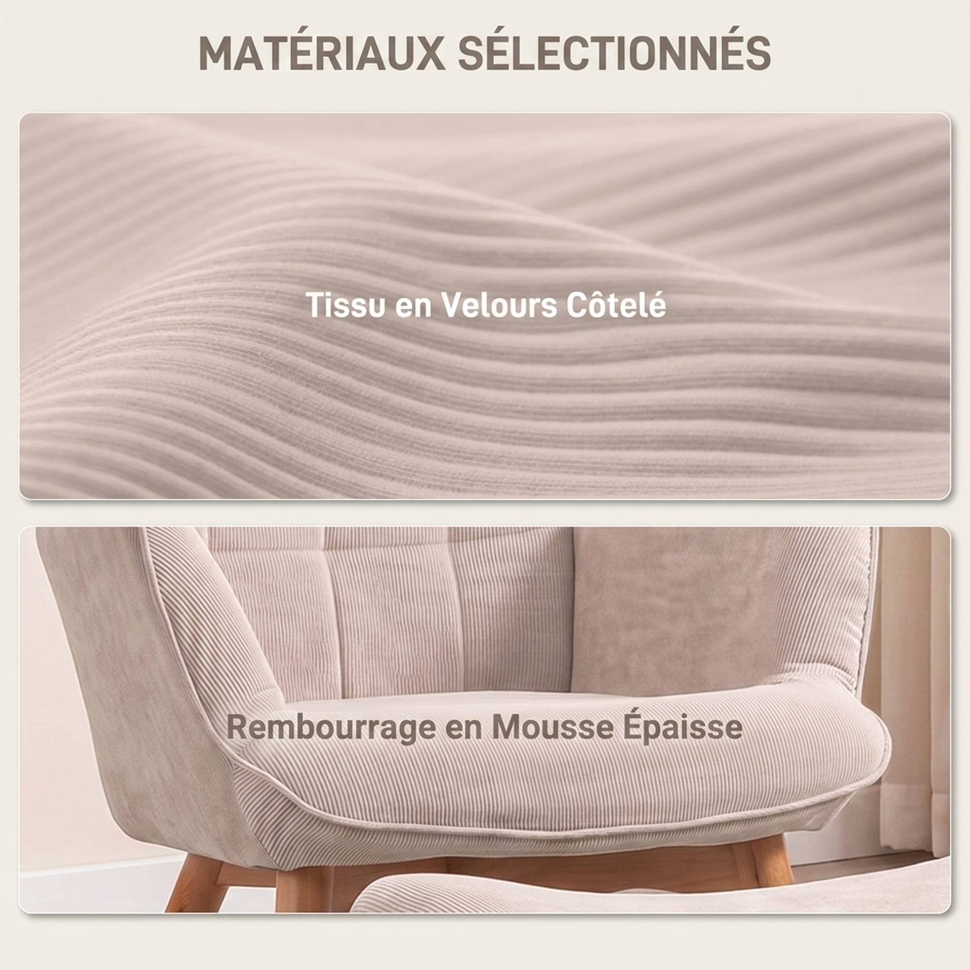 Sans Marque - Fauteuil avec repose pied, dossier haut, pieds en bois et tissu aspect velours côtelé, pour salon chambre à coucher beige - Image 6