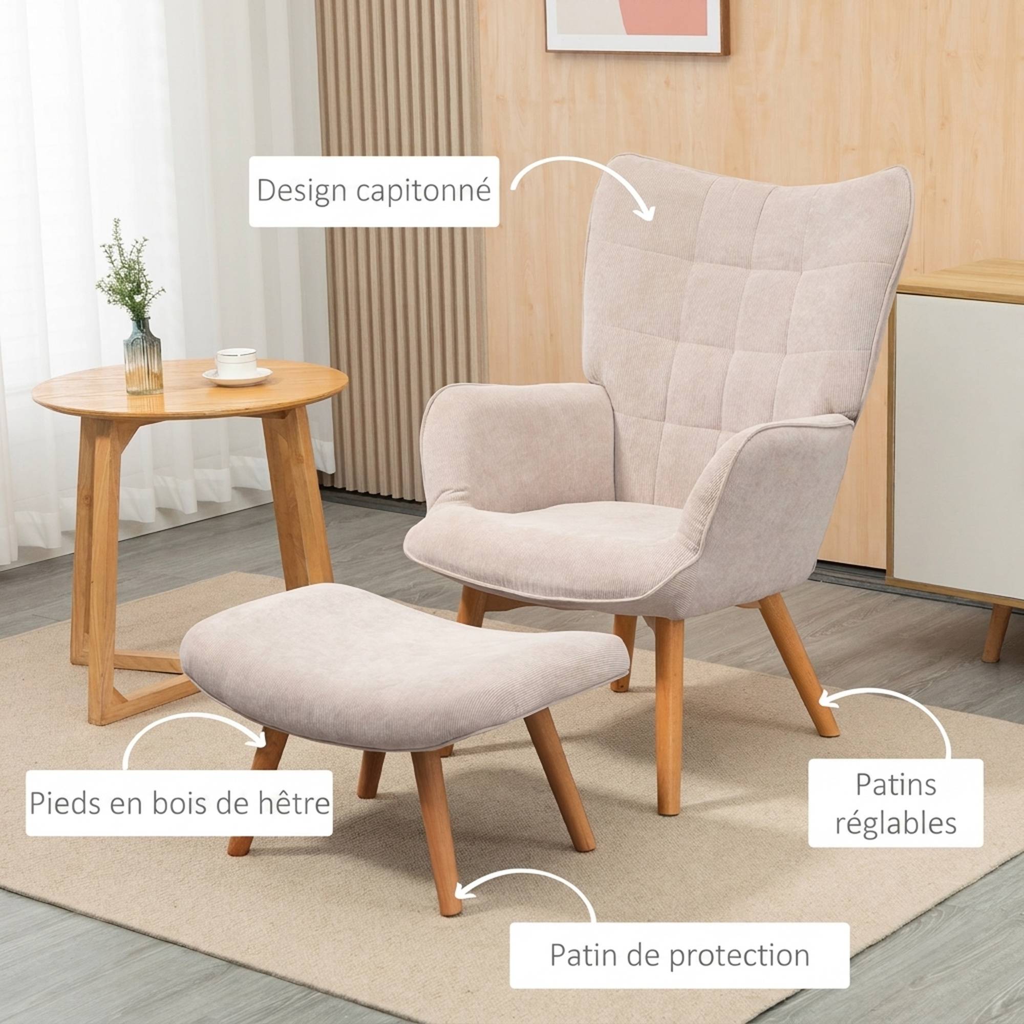 Sans Marque - Fauteuil avec repose pied, dossier haut, pieds en bois et tissu aspect velours côtelé, pour salon chambre à coucher beige - Image 7