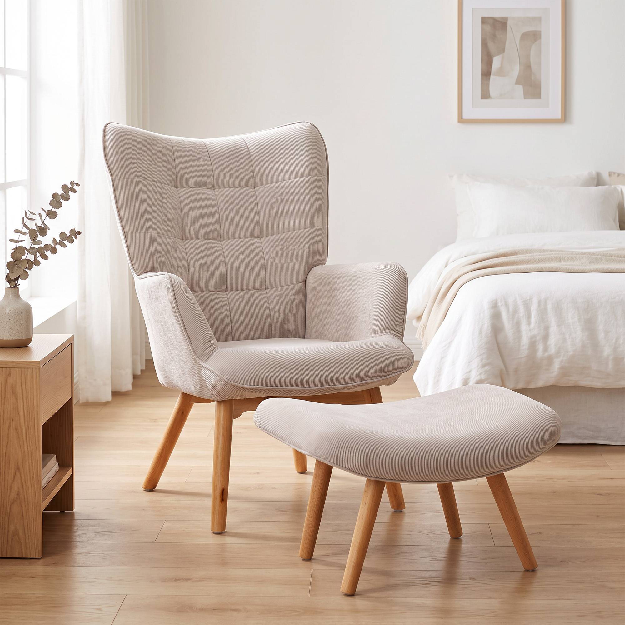 Sans Marque - Fauteuil avec repose pied, dossier haut, pieds en bois et tissu aspect velours côtelé, pour salon chambre à coucher beige - Image 9