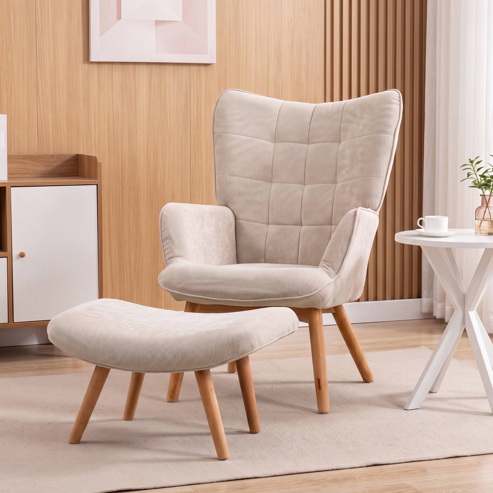 Sans Marque - Fauteuil avec repose pied, dossier haut, pieds en bois et tissu aspect velours côtelé, pour salon chambre à coucher beige - Image 4