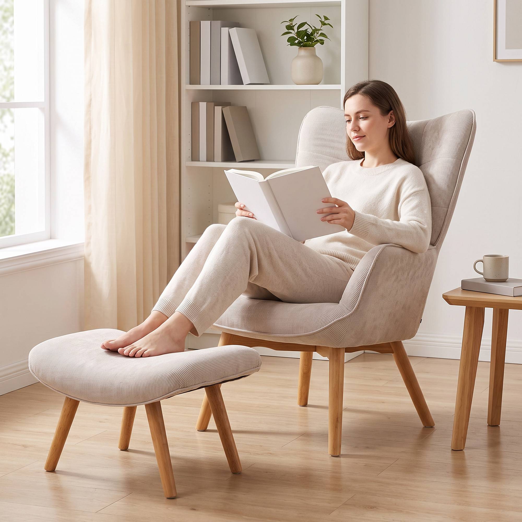 Sans Marque - Fauteuil avec repose pied, dossier haut, pieds en bois et tissu aspect velours côtelé, pour salon chambre à coucher beige - Image 10